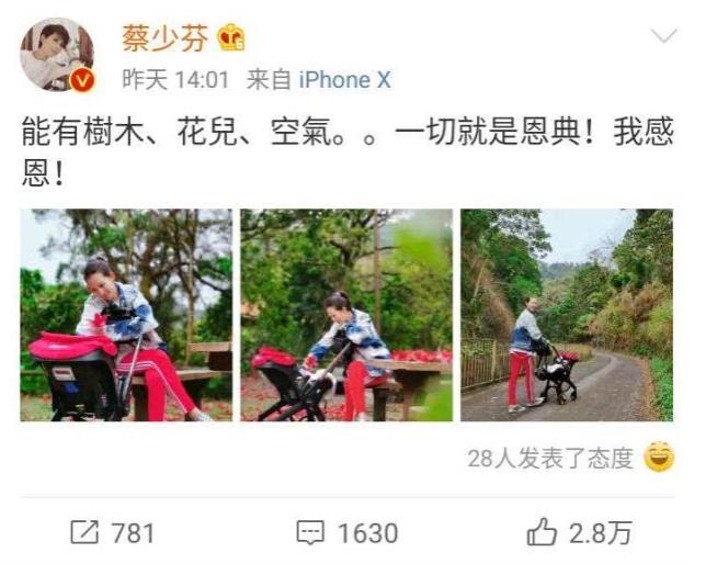 蔡少芬?guī)鹤映鲩T散步，產(chǎn)后暴瘦身材似少女