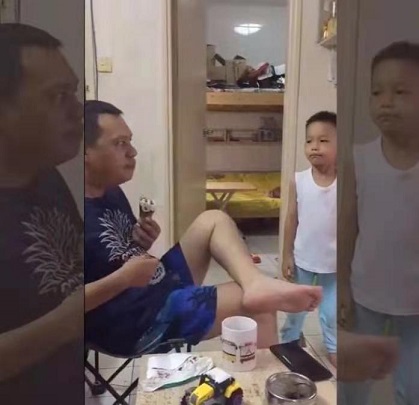 “惡人自有惡人磨”，爸爸讓不寫(xiě)作業(yè)的兒子看自己吃冰淇淋